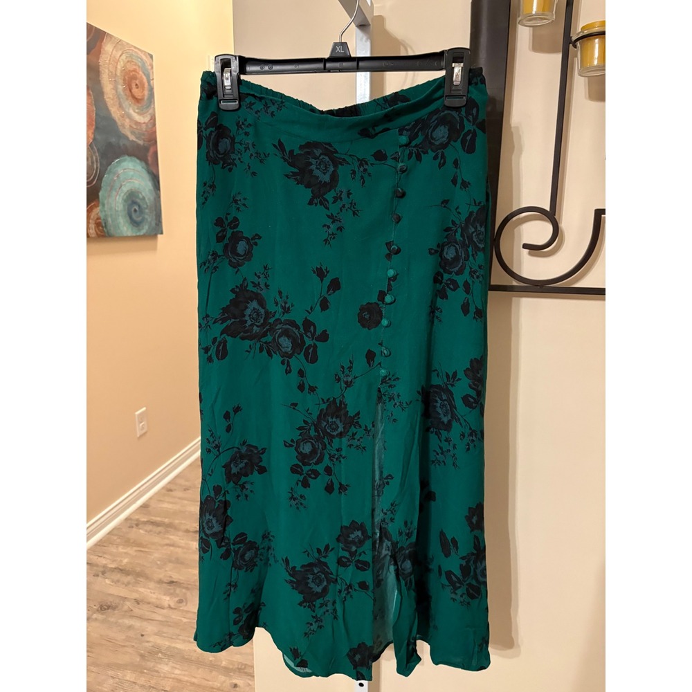 Band of the Free Green Floral Button Front Midi Skirt Slit Emerald Boho Womens M